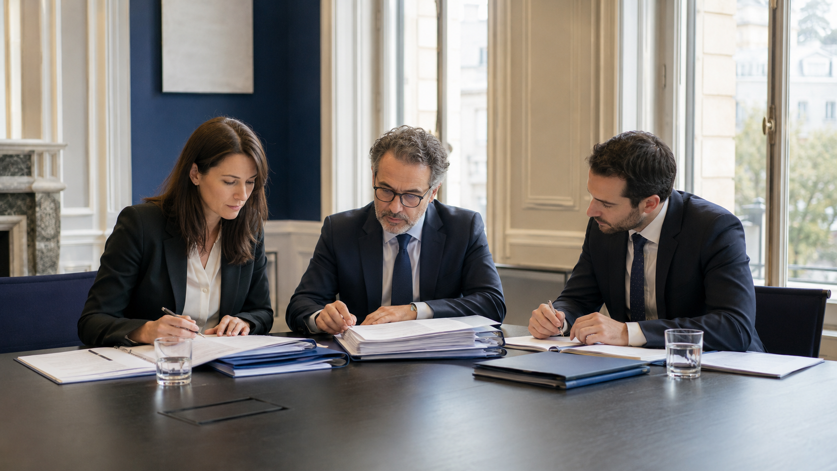 Illustration sobre d'une présence institutionnelle analysée pour un secrétaire général en Suisse romande — style premium, bleu nuit